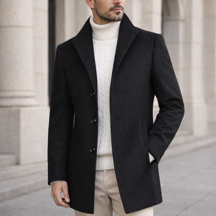 Elegant men's classic long winter overcoat, perfect for business, formal events, & cold weather.