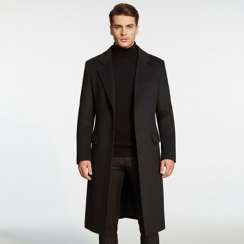 Warm men's outerwear: a premium long wool blend winter coat 'Daniel' for classic style.