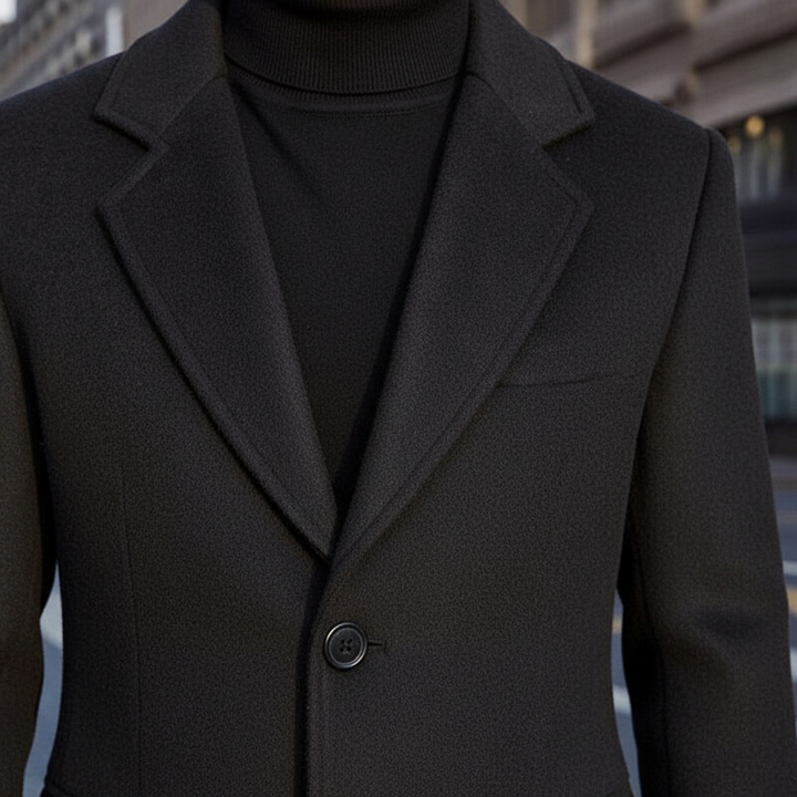 Elegant men's fashion long wool blend winter coat, ideal for sophisticated cold-weather protection.