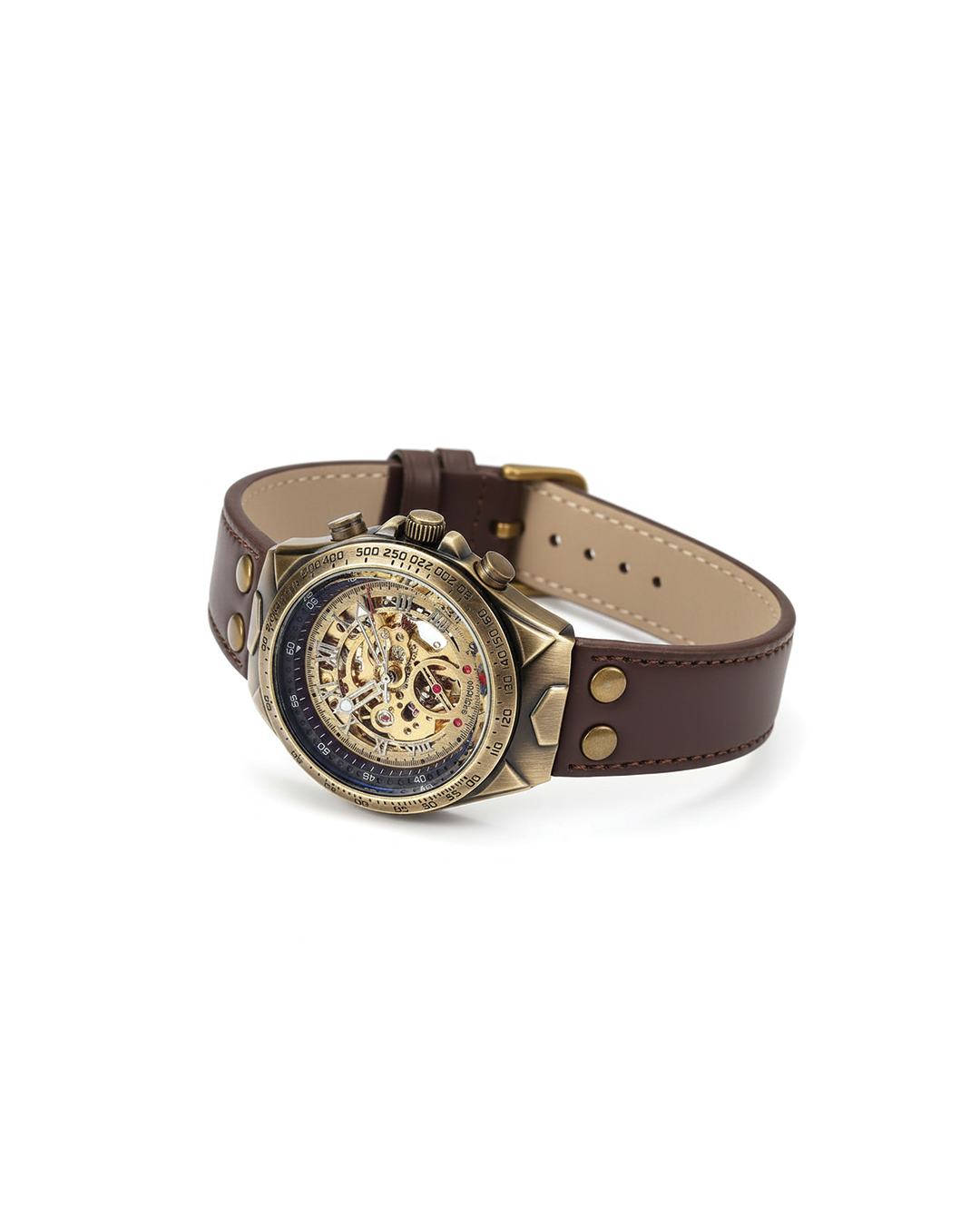 Men's classic mechanical skeleton watch with visible gears and elegant design.