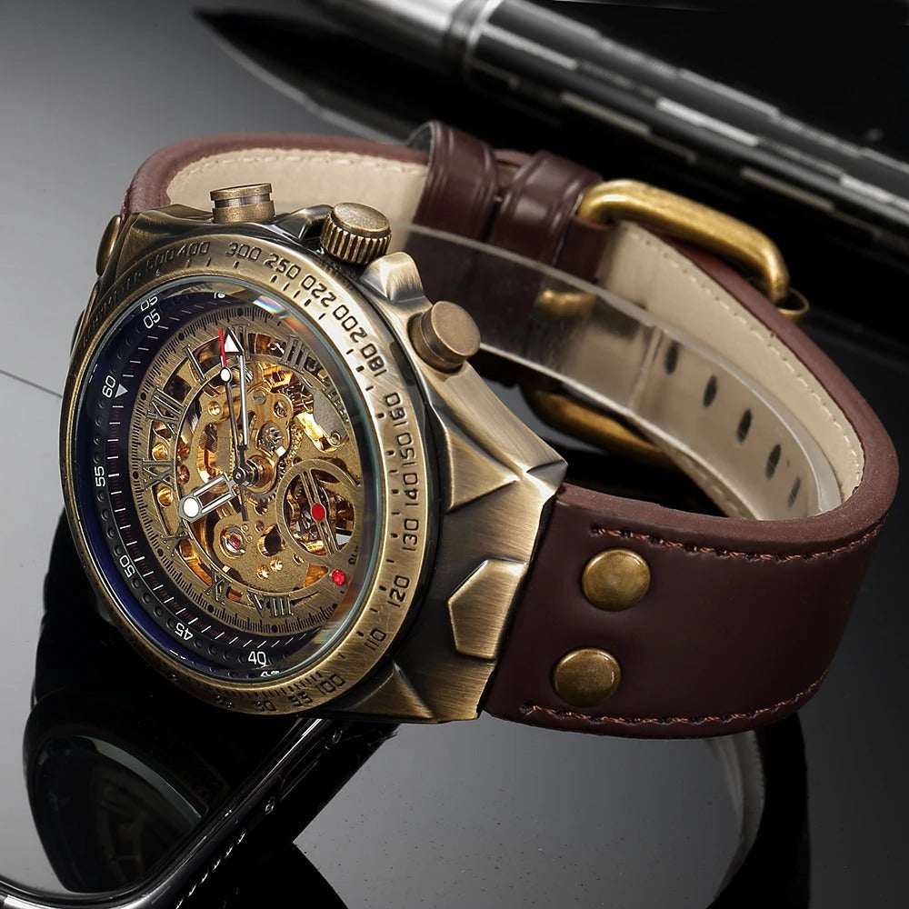 Classic men's mechanical skeleton watch with a sleek black leather band & exposed timepiece mechanism.