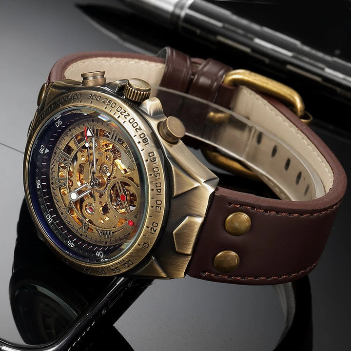 Classic men's mechanical skeleton watch with a sleek black leather band & exposed timepiece mechanism.