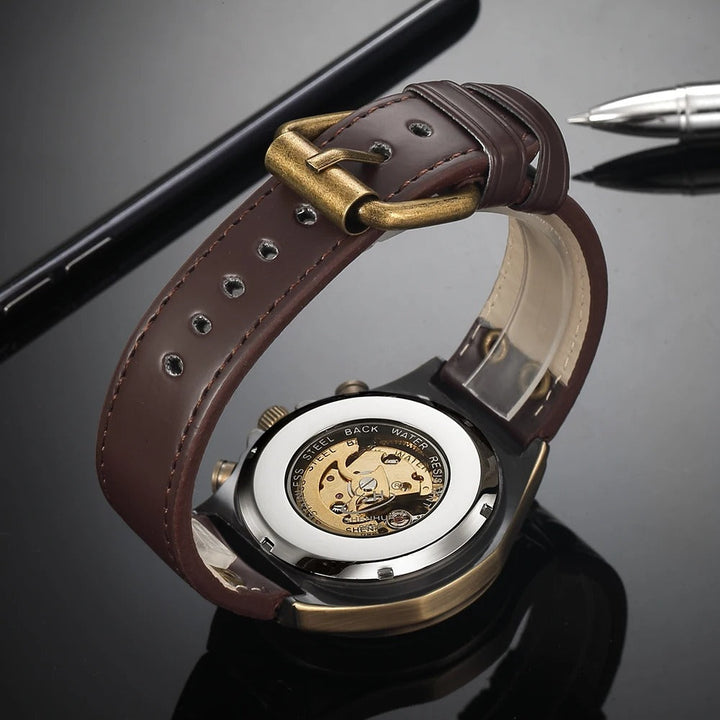 Detailed view of a men's hand-wound mechanical skeleton watch, highlighting its intricate internal gears.