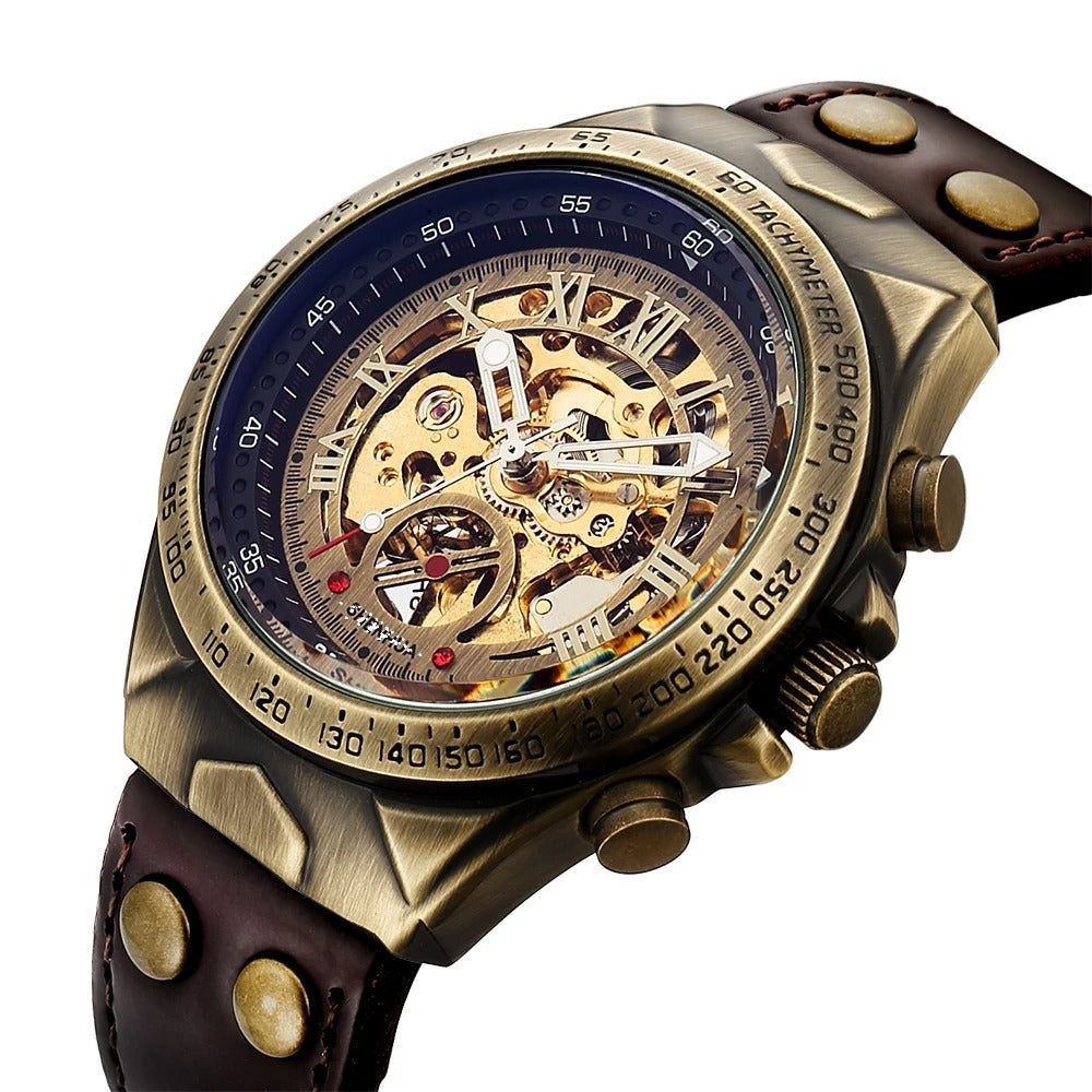 Men's vintage-style mechanical skeleton watch with a brown leather strap and antique gold accents.