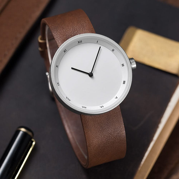 Men's classic minimalist Roman numeral watch with elegant brown leather band, perfect for timeless style.
