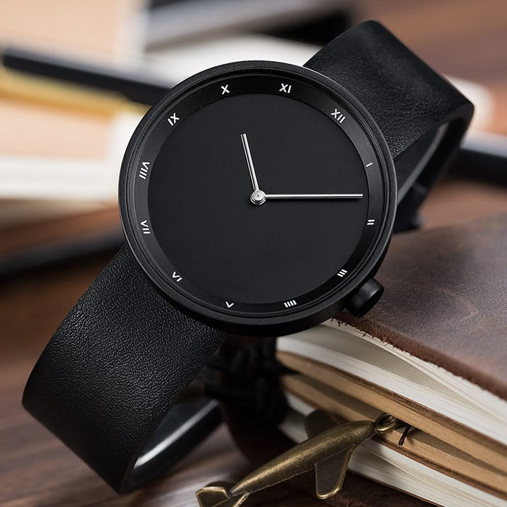 Detailed shot of a men's classic watch face with prominent Roman numerals, offering a timeless appeal.