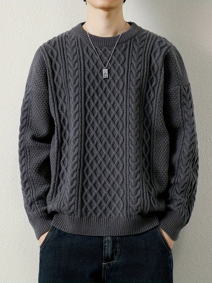 Classic fit men's cable knit sweater, ideal for timeless winter fashion.