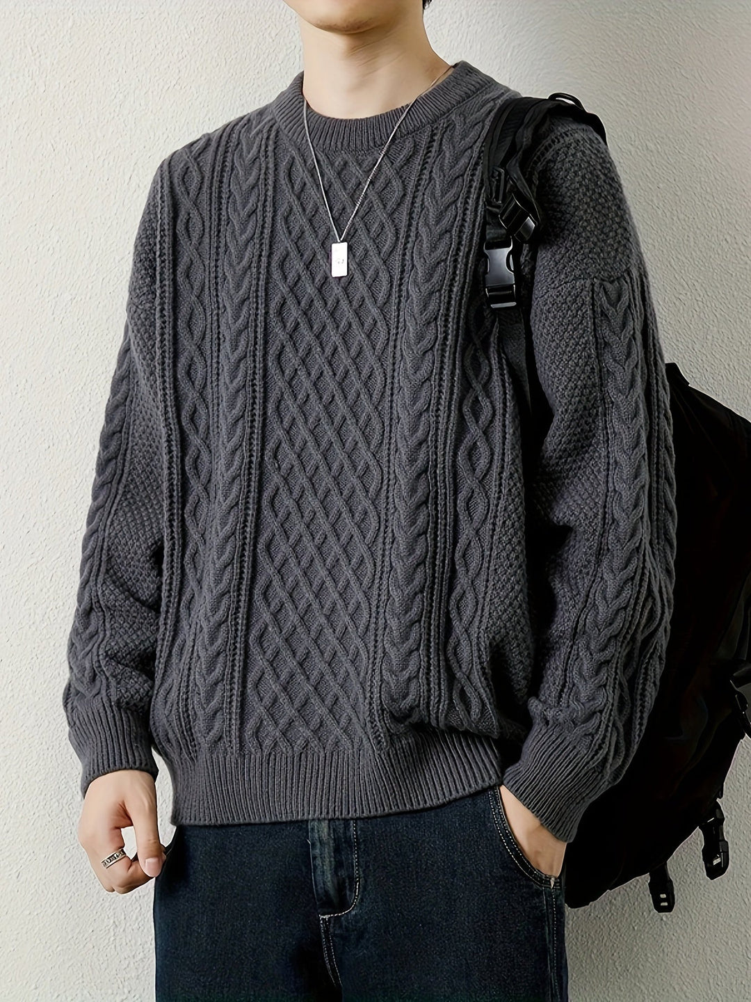 Men's durable cable knit jumper, designed for warmth and long-lasting wear.