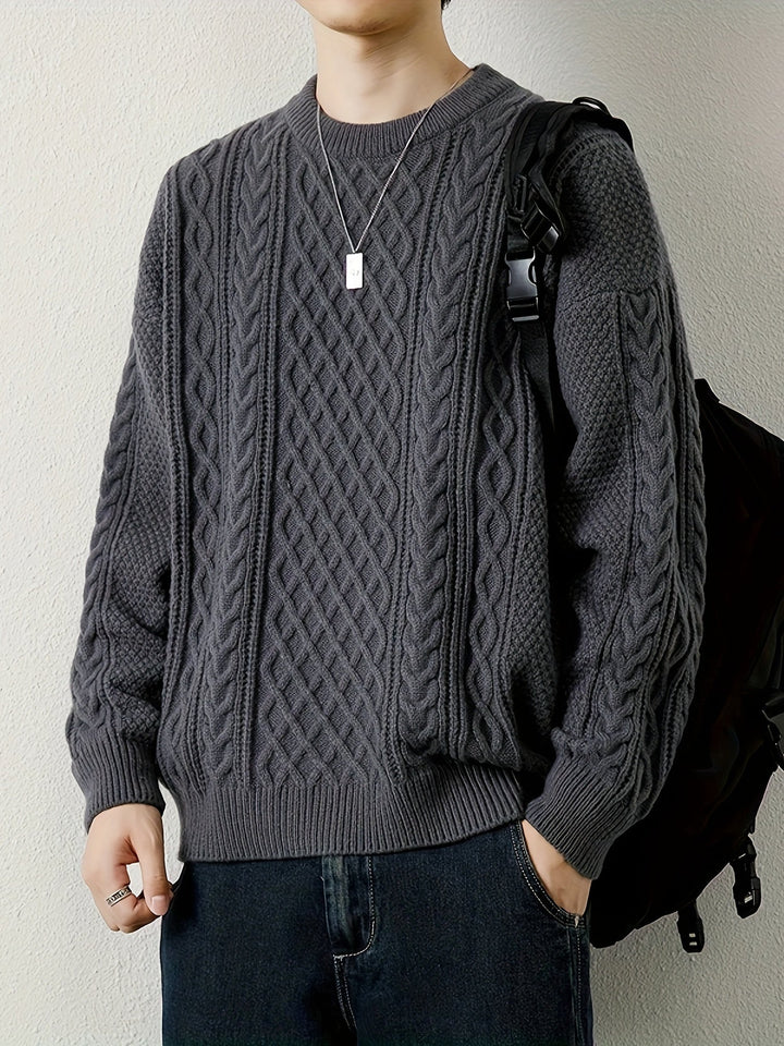 Men's durable cable knit jumper, designed for warmth and long-lasting wear.