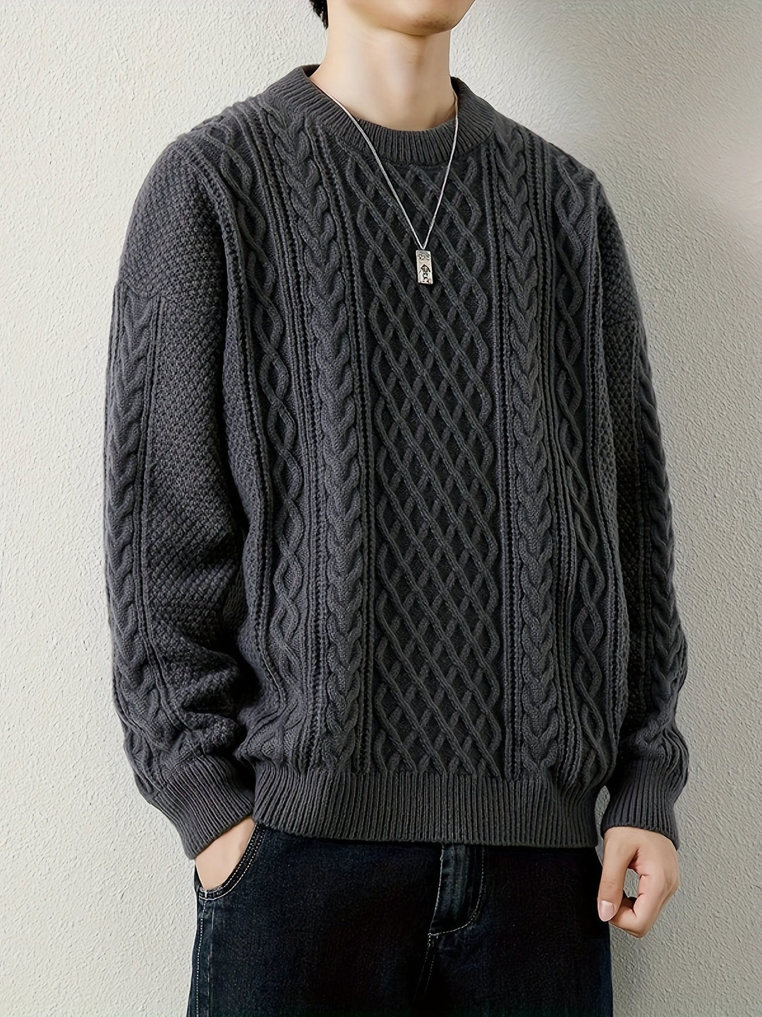 Burgundy men's cable knit pullover, adding a pop of color to winter apparel.