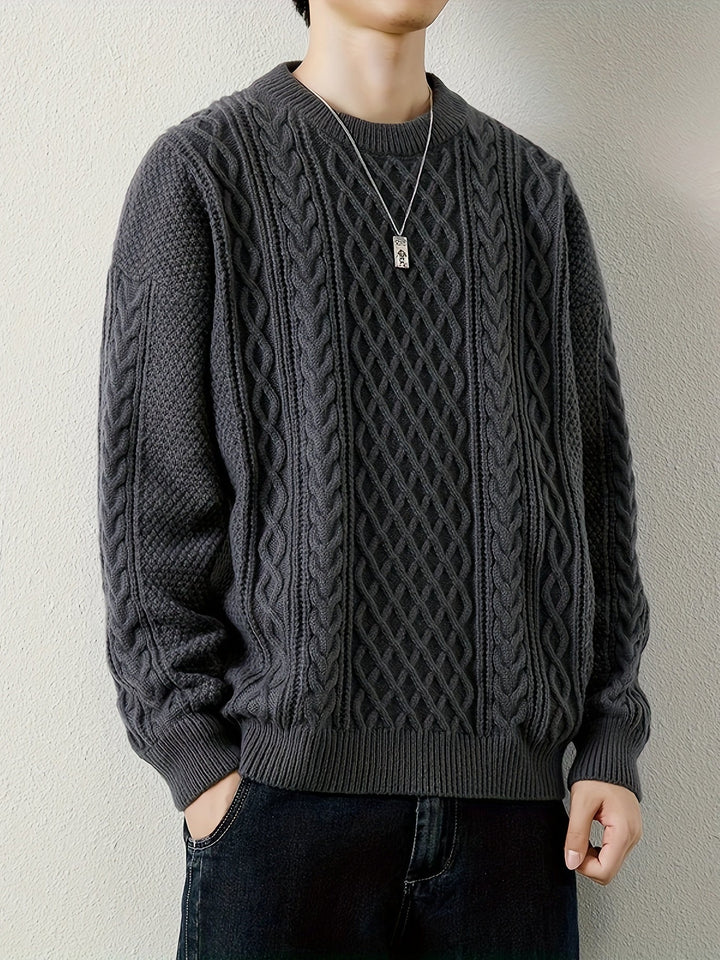 Burgundy men's cable knit pullover, adding a pop of color to winter apparel.
