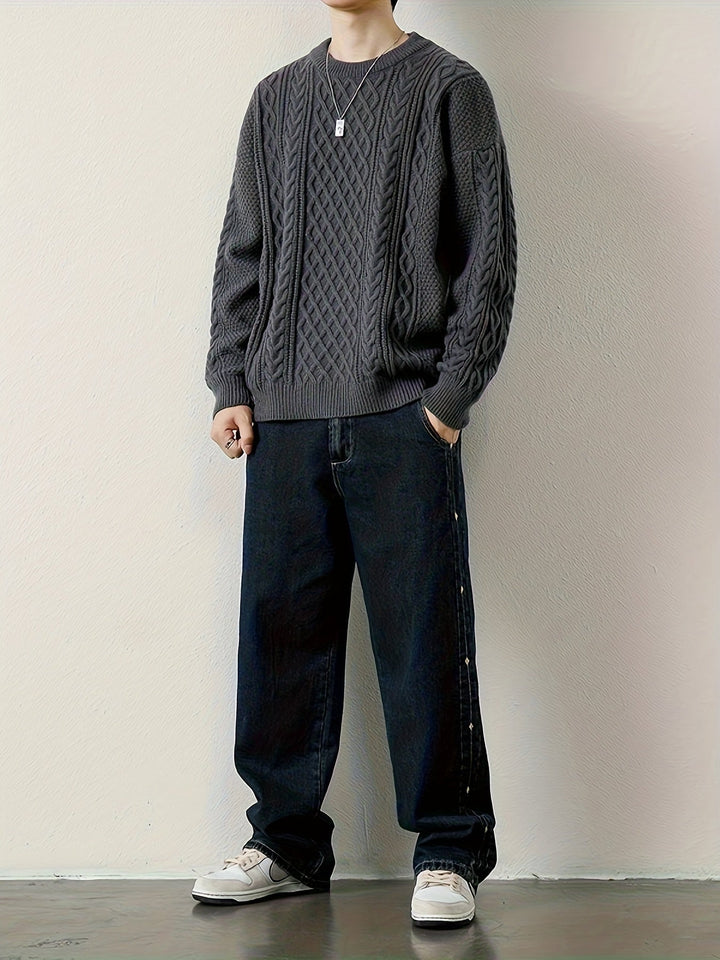 Textured men's cable knit jumper, a versatile piece for any casual wardrobe.