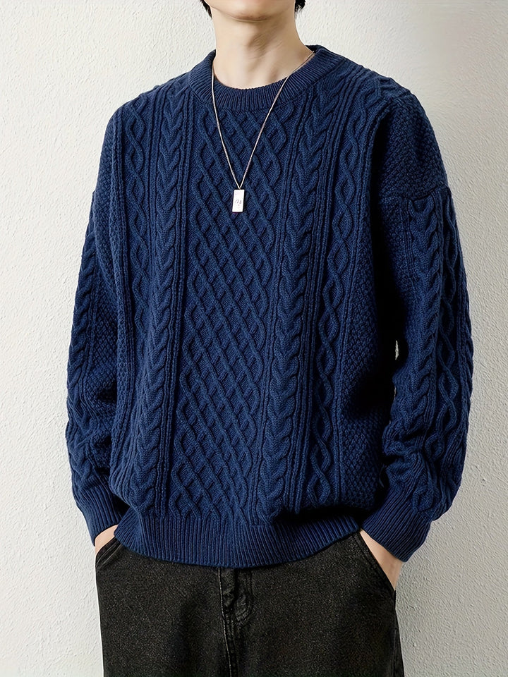 Men's relaxed cable knit sweater, perfect for effortless winter fashion and comfort.