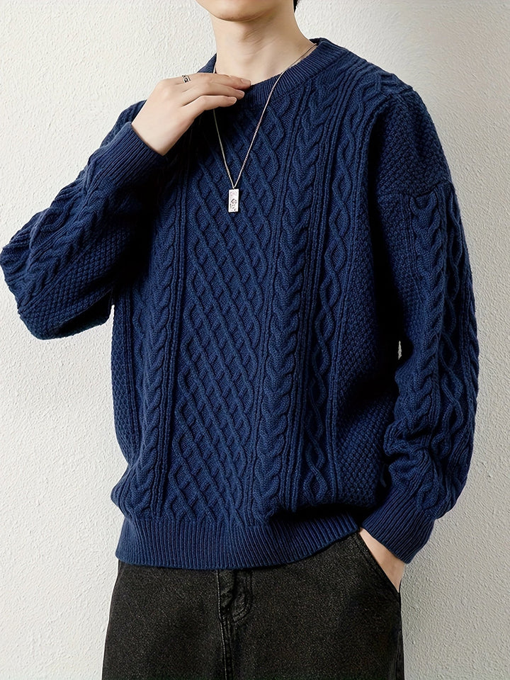 Stylish men's cream cable knit pullover, a must-have for winter cozy wear.