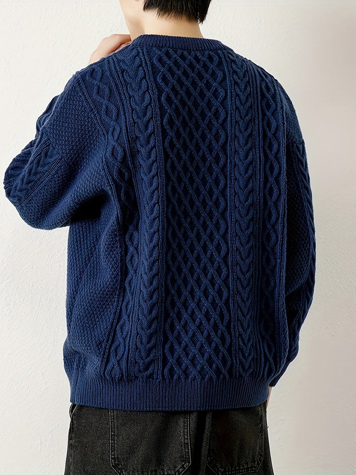 Warm men's cable knit sweater, combining comfort with a timeless textured knit.