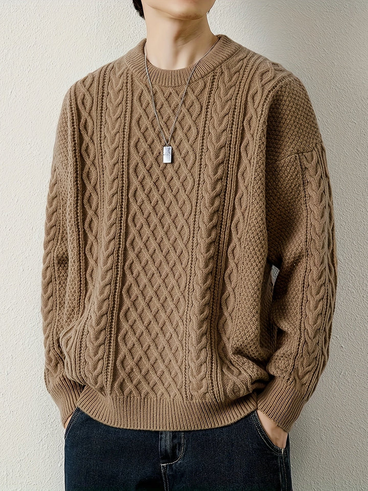Textured grey cable knit pullover for men, relaxed fit and warm winter fashion.