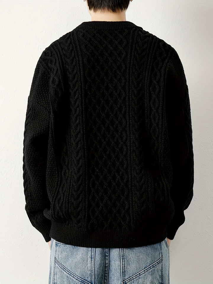 Versatile men's cable knit pullover, easily dressed up or down for winter.