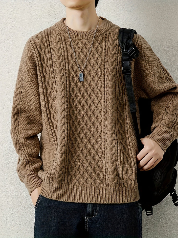Stylish men's cream cable knit sweater, perfect for cozy wear and casual outfits.