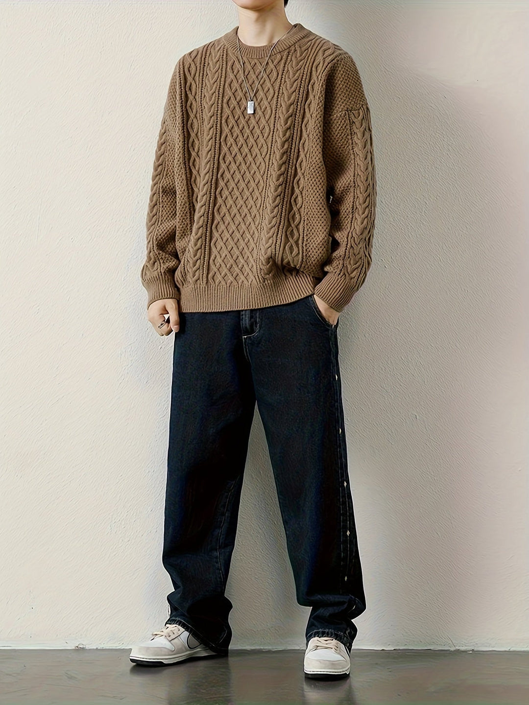 Warm men's cable knit pullover, textured knit design for ultimate comfort and style.