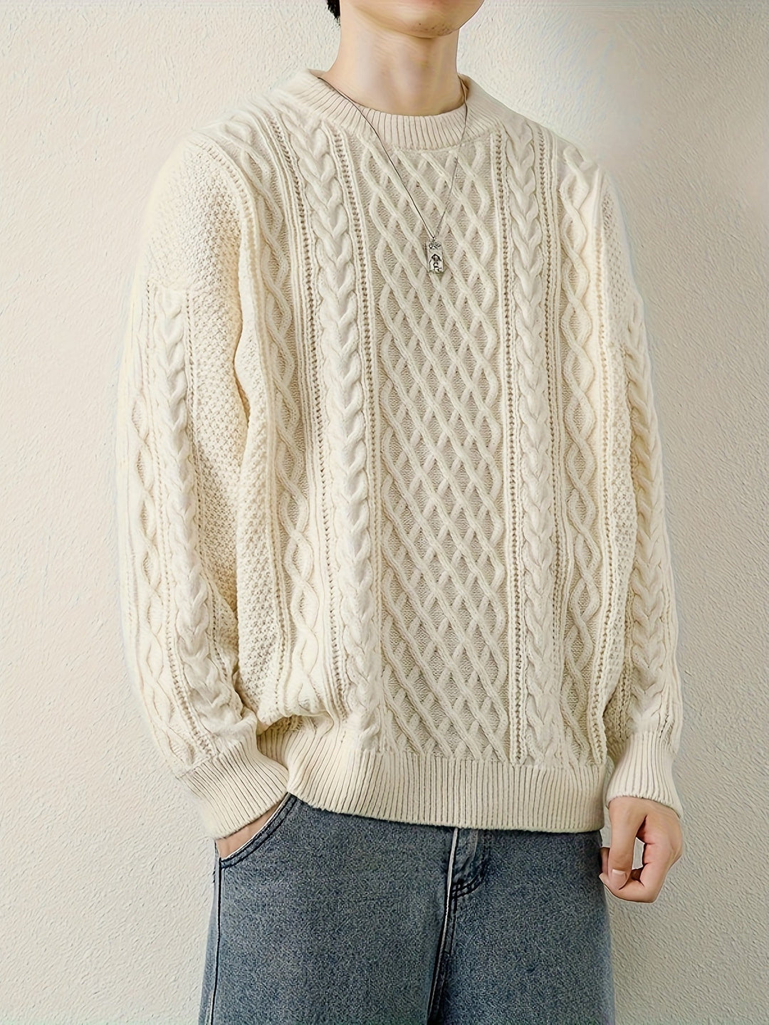 Men's casual cable knit sweater, relaxed fit jumper ideal for everyday winter wear.