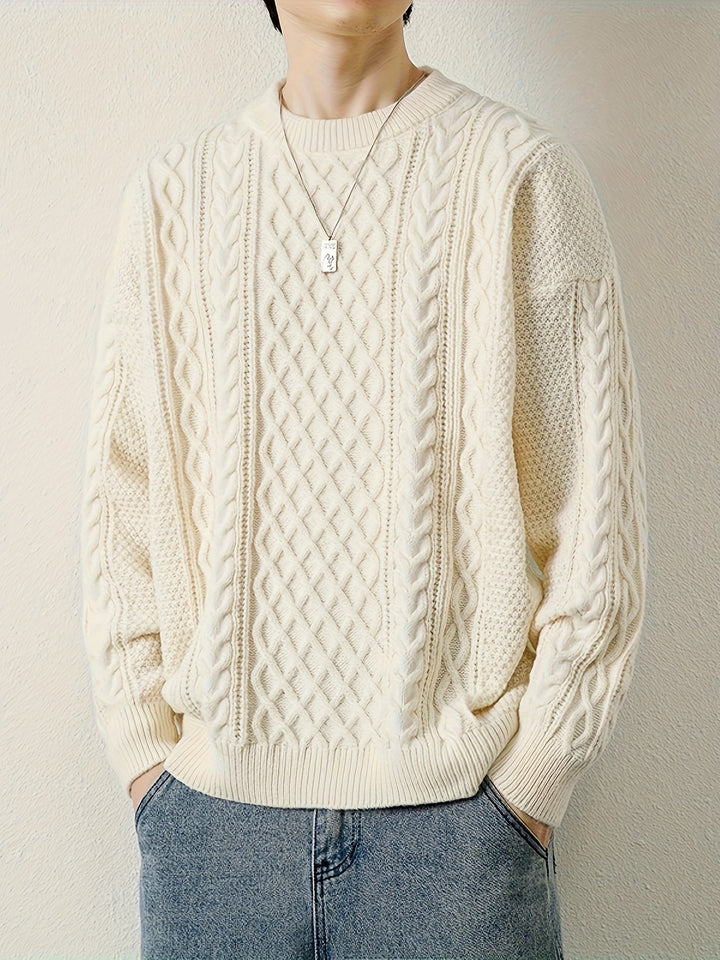 Premium men's cable knit jumper, featuring a classic design and cozy feel.