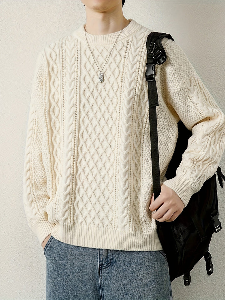 Deep green men's cable knit sweater, a stylish and warm addition to winter fashion.