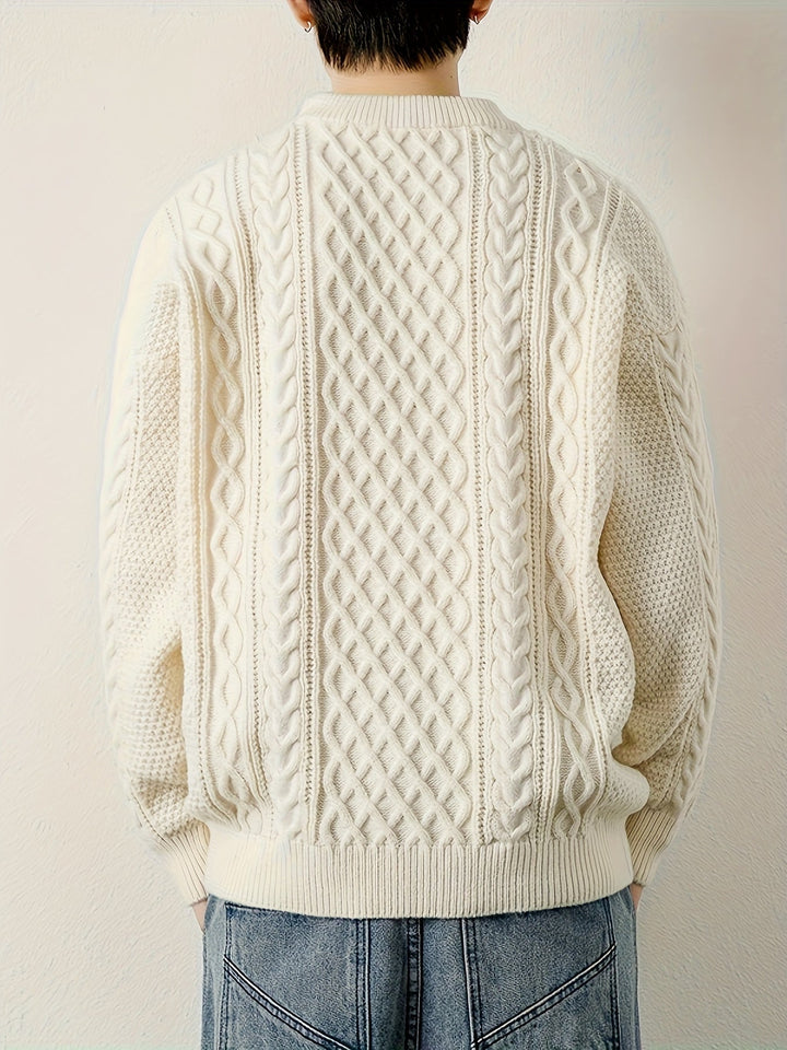 Men's elegant cable knit pullover, perfect for layering in cold weather.