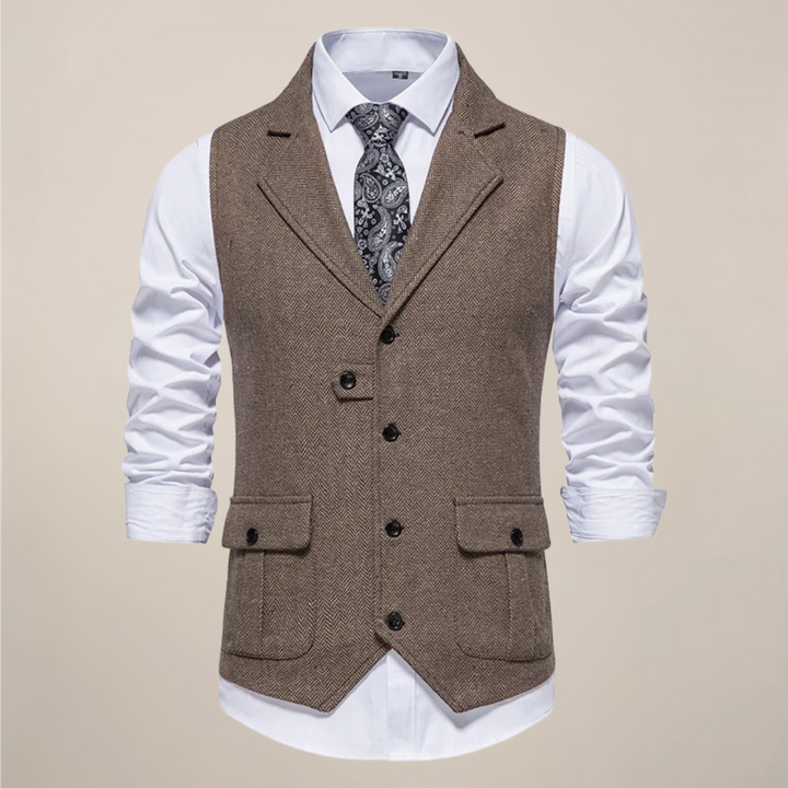 Men's classic notch lapel waistcoat in tailored fit, perfect for formal events & smart casual attire.