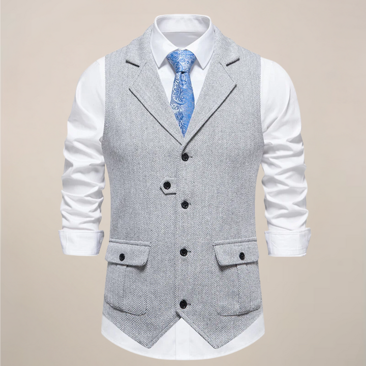 Elegant men's button-front waistcoat with notch lapel, ideal for weddings, galas, and professional wear.