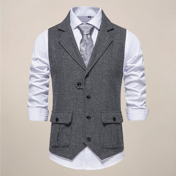 Stylish men's formal waistcoat with notch lapel, a versatile smart casual vest for elegant occasion wear.