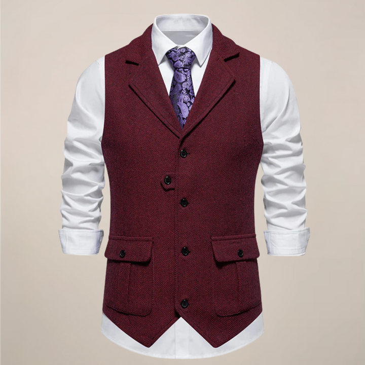 Tailored men's waistcoat featuring a classic notch lapel, designed for a sharp and elegant formal look.