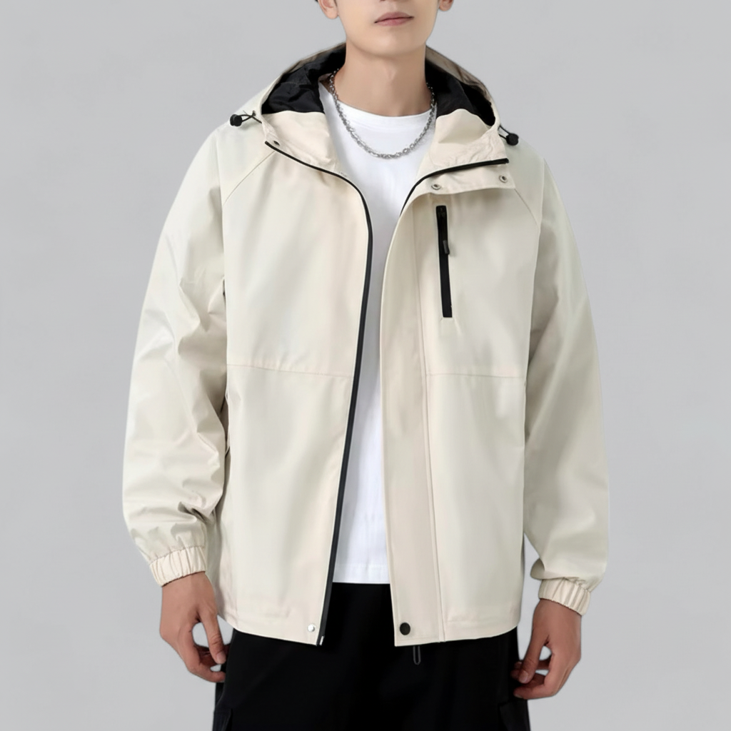Detail shot of the men's lightweight windbreaker jacket, Lennard, highlighting zipper and material