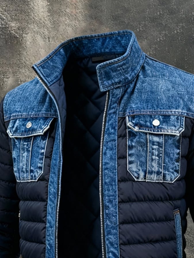 Durable men's padded winter coat with button-up front, offering classic style & warmth for cold weather.