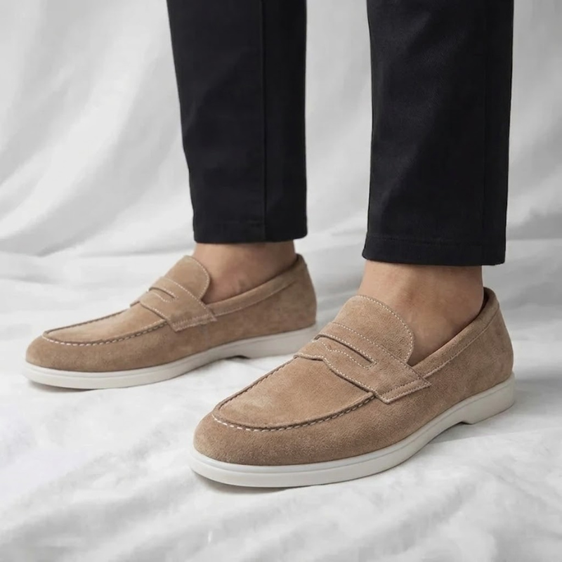 Men's gray penny loafers offering everyday comfort & style. Versatile slip-on casual dress shoes.