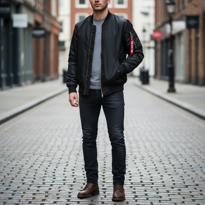 Men's classic pilot style quilted bomber jacket in black, front view, for winter warmth & casual fashion.