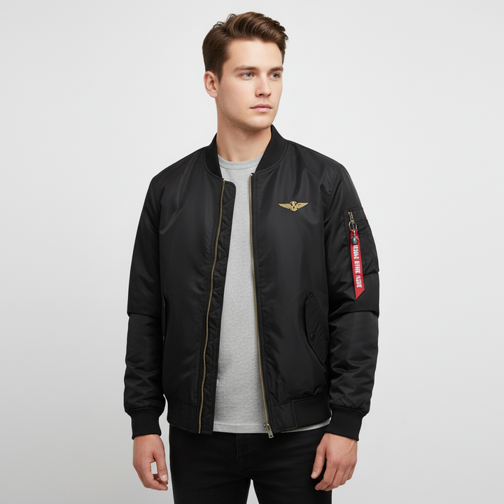 Close-up of quilted pattern on a men's bomber jacket, showing texture and quality, ideal for cold weather.