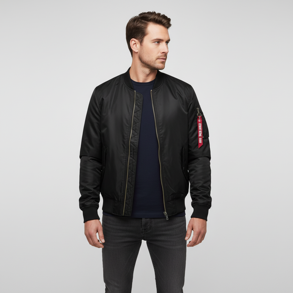 Back view of a men's warm quilted bomber jacket, emphasizing its stylish design & winter coat features.