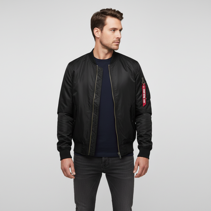Back view of a men's warm quilted bomber jacket, emphasizing its stylish design & winter coat features.