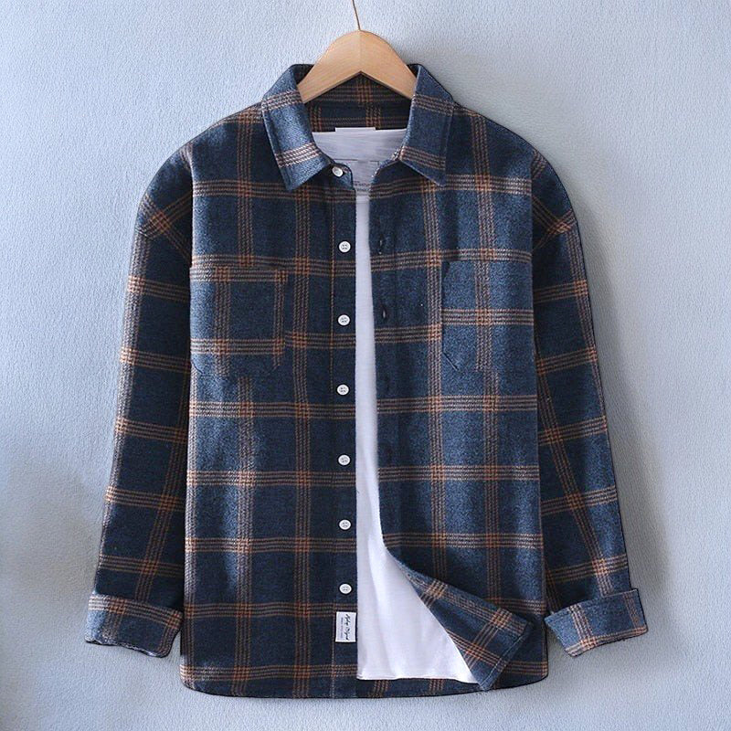 Men's classic plaid button-up shirt, long sleeve for timeless casual style & comfort.