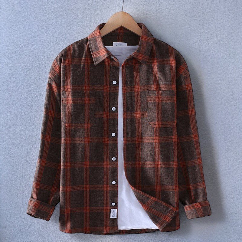 Versatile men's long-sleeve plaid button-up shirt, perfect for casual fashion & seasonal wear.
