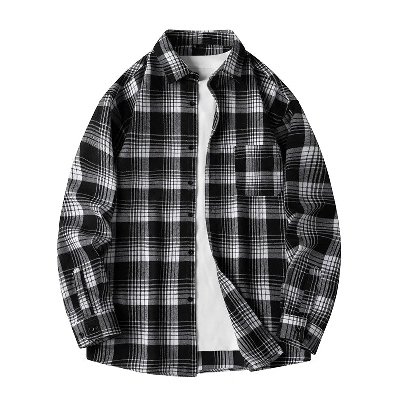 Classic men's plaid flannel shirt with long sleeves & a relaxed fit. Comfortable everyday apparel.