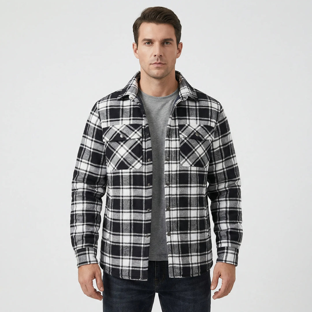 Red and black plaid men's lumberjack jacket, warm classic button-up shacket for winter.