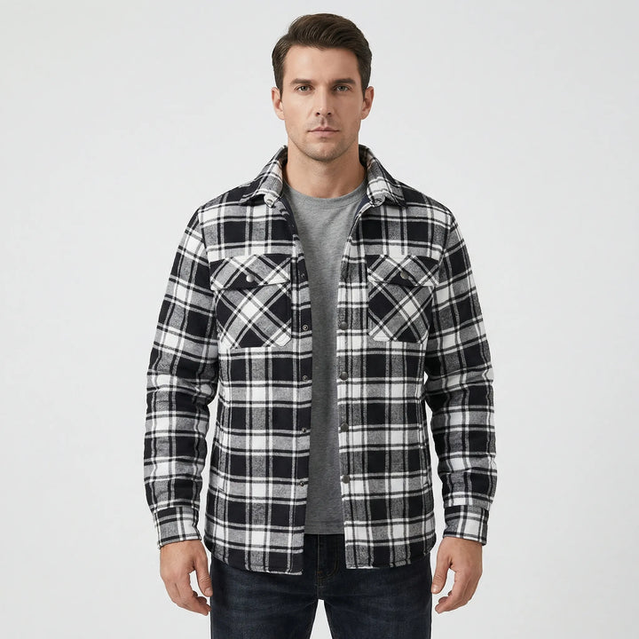 Red and black plaid men's lumberjack jacket, warm classic button-up shacket for winter.