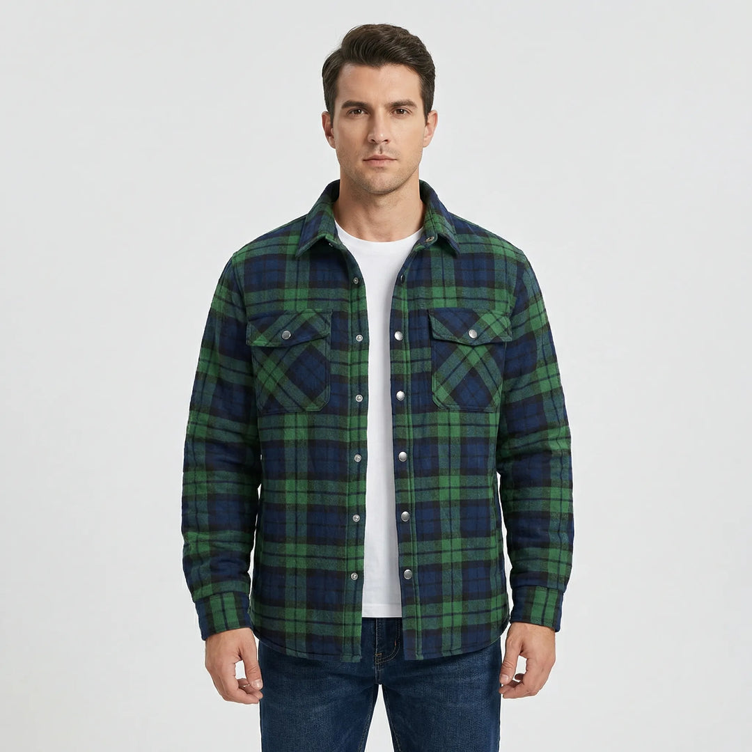 Warm men's classic plaid lumberjack jacket, ideal fall/winter outerwear.