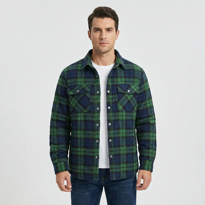 Warm men's classic plaid lumberjack jacket, ideal fall/winter outerwear.