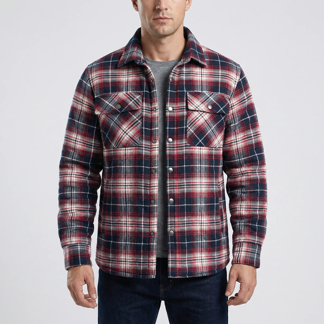 Rugged men's plaid lumberjack jacket, warm and durable fall/winter outerwear.