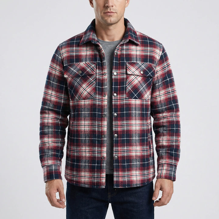 Rugged men's plaid lumberjack jacket, warm and durable fall/winter outerwear.