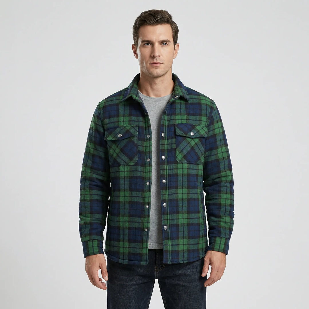 Men's classic plaid shacket, warm button-up lumberjack jacket, durable fall outerwear.