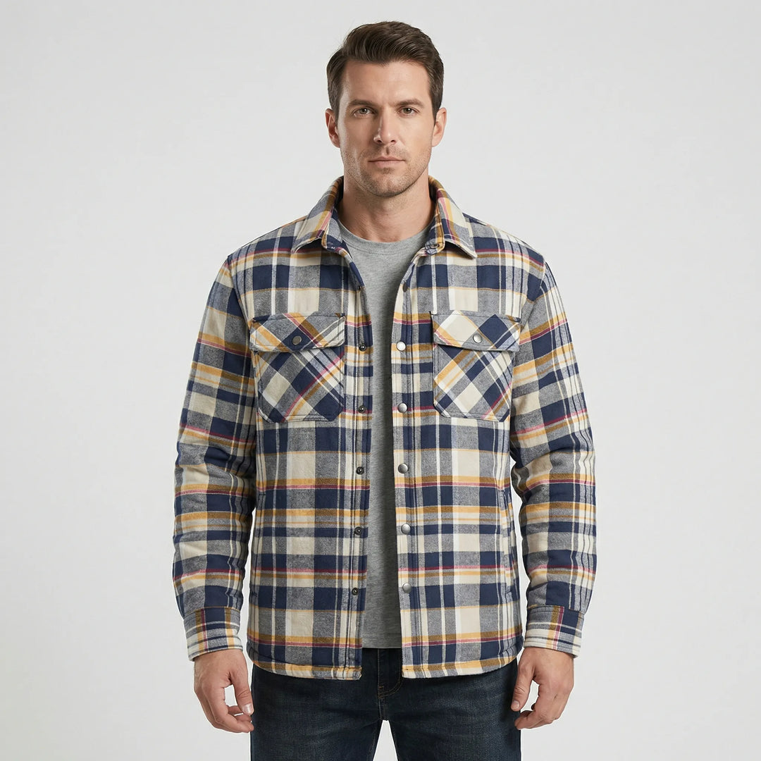 Versatile men's plaid shacket, button-up design, perfect fall/winter layering.