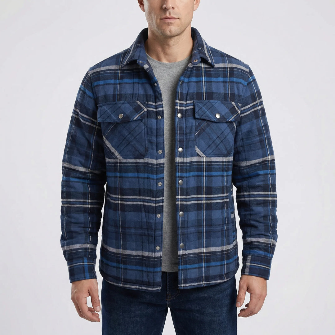 Stylish men's classic plaid lumberjack jacket, durable and warm for outdoor adventures.